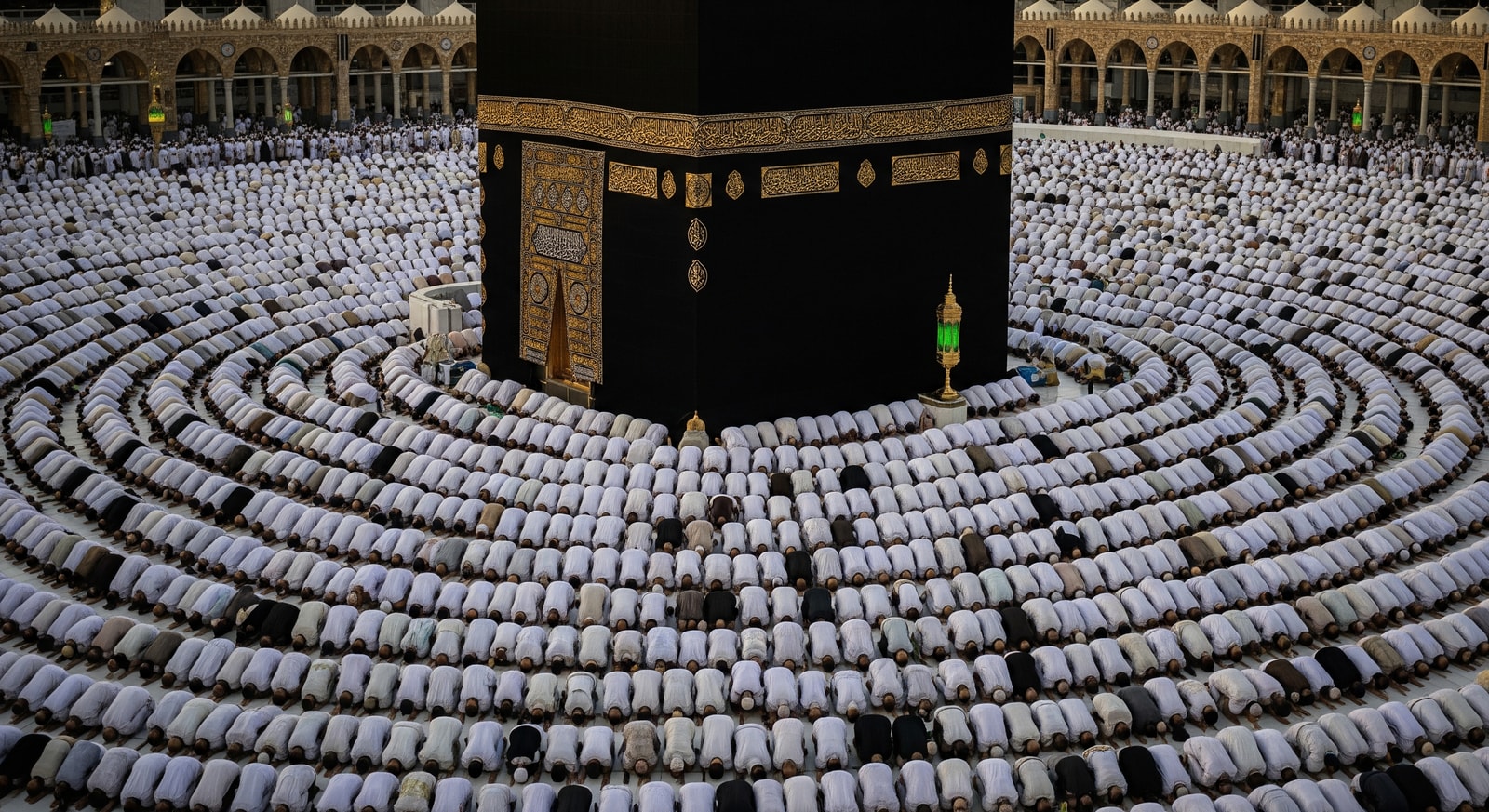 Pilgrims praying in congregation at Masjid al-Haram during Umrah