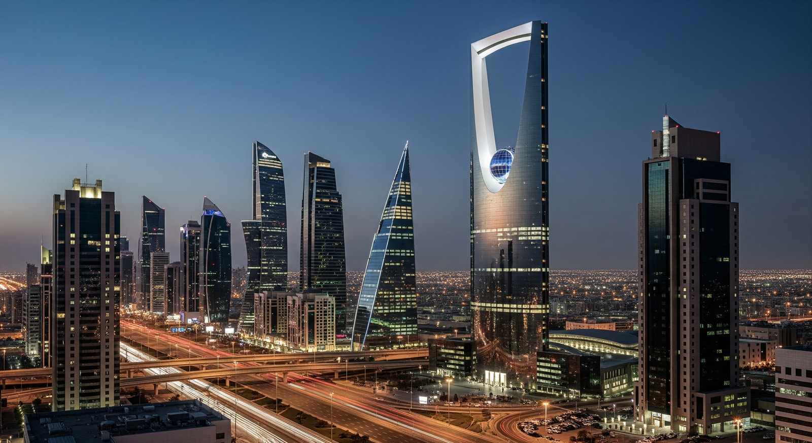 Modern Riyadh skyline with Kingdom Centre tower illuminated at night