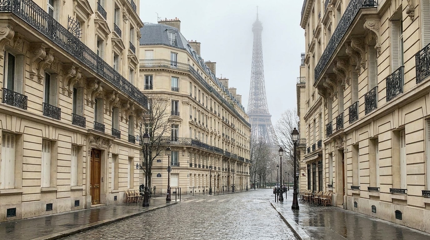 Paris street scene with classic buildings and the Eiffel Tower in the distance