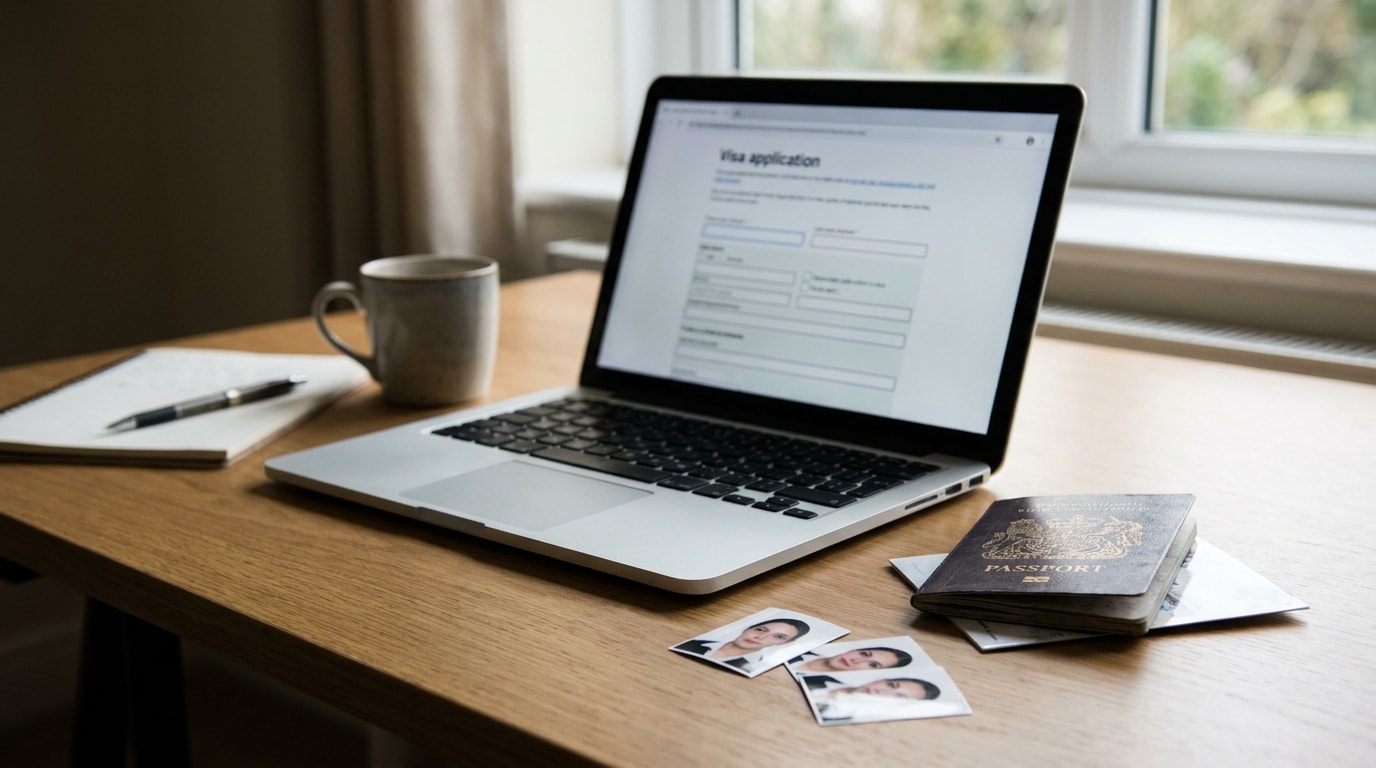 Online France visa application preparation with passport and printed photos on a desk