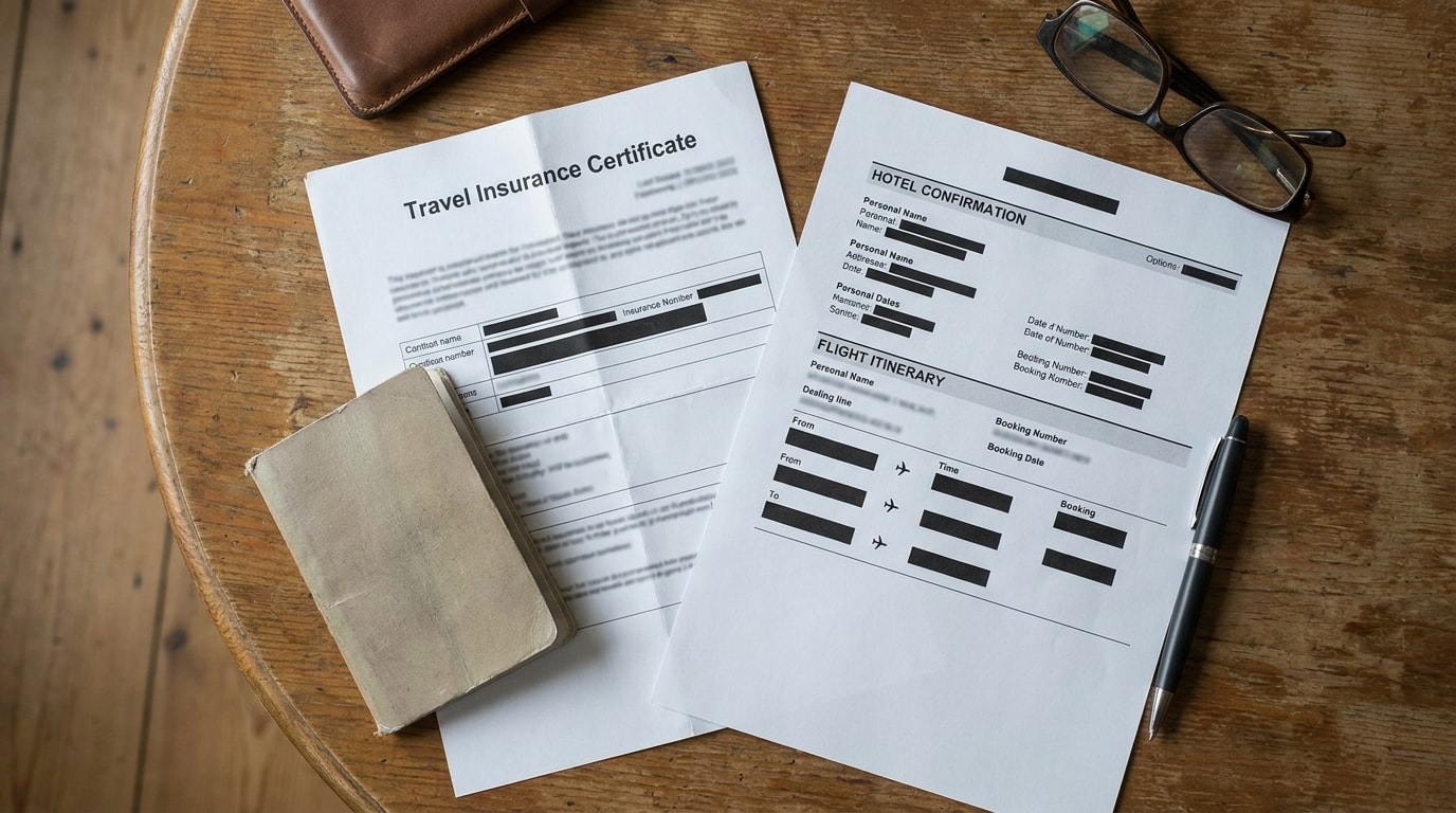 Supporting documents for a Schengen visa application arranged on a table