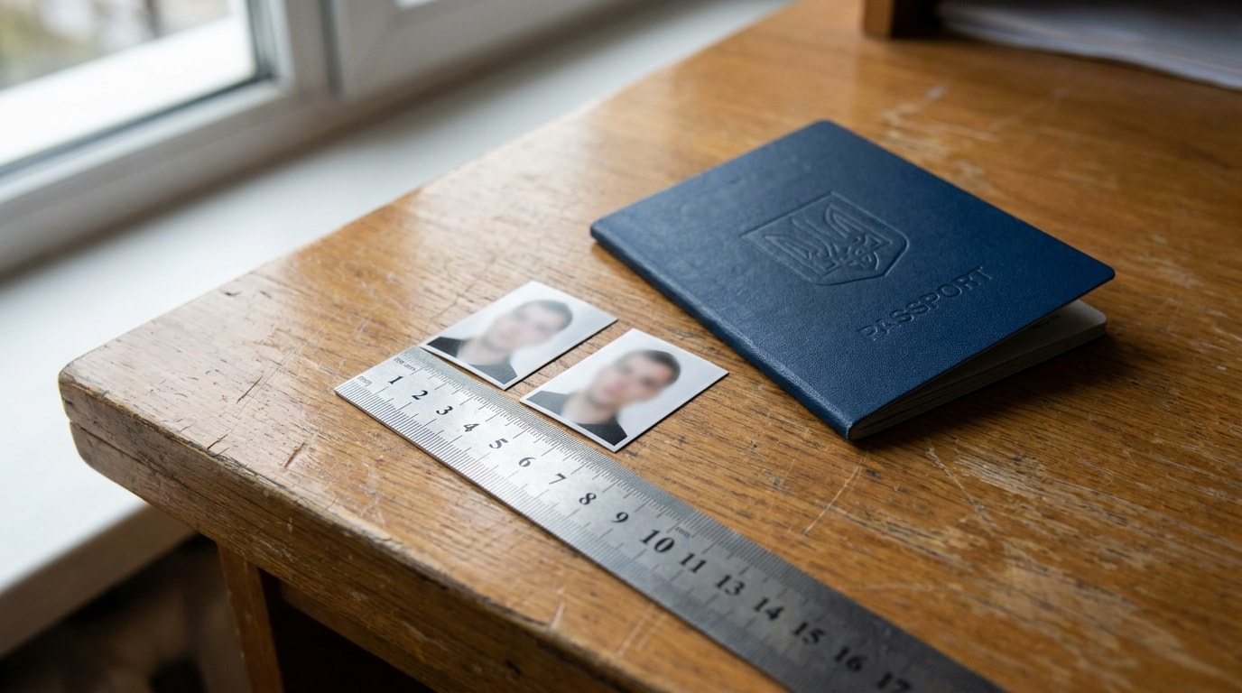 Biometric visa photos measured with a ruler next to a passport