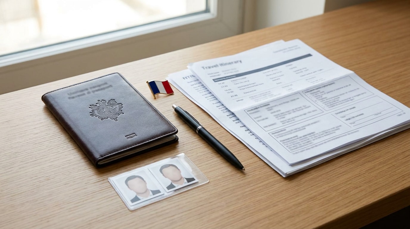 Passport and two biometric visa photos prepared for a France Schengen visa application