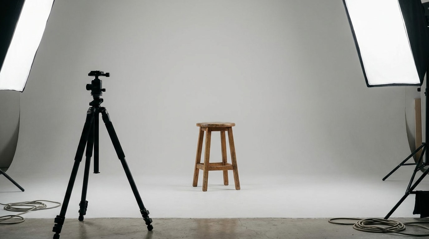 Photo studio setup with plain light background for a biometric visa photo