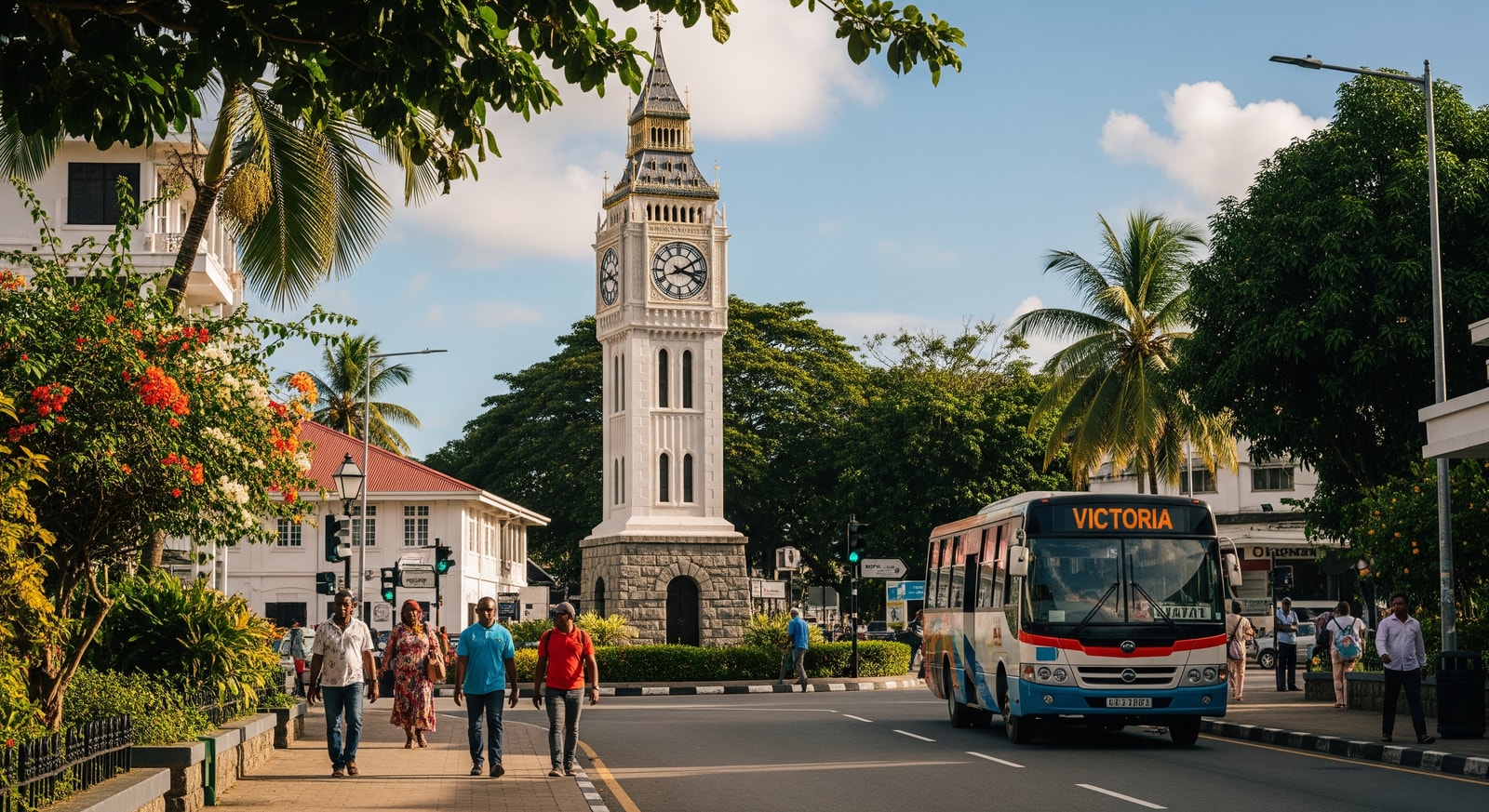Victoria clock tower and street scene in the capital of Seychelles