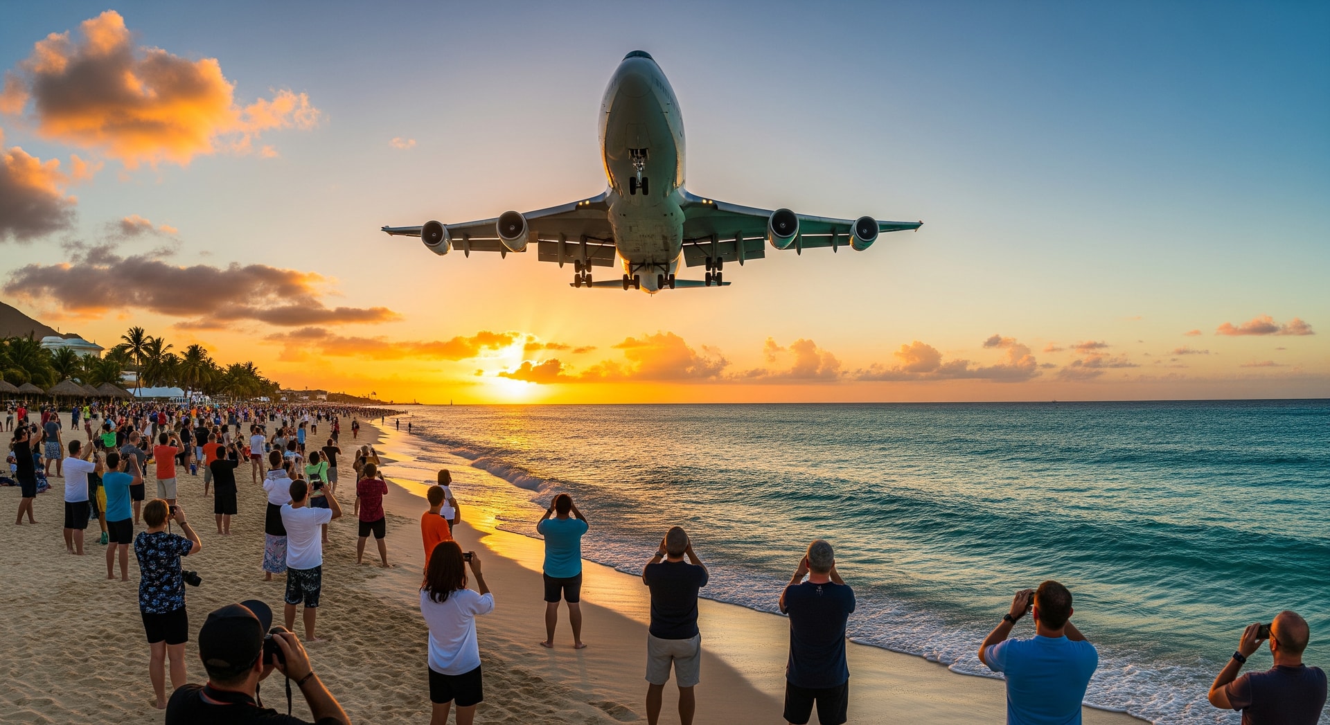 Airplane landing over Maho Beach at Princess Juliana Airport Sint Maarten