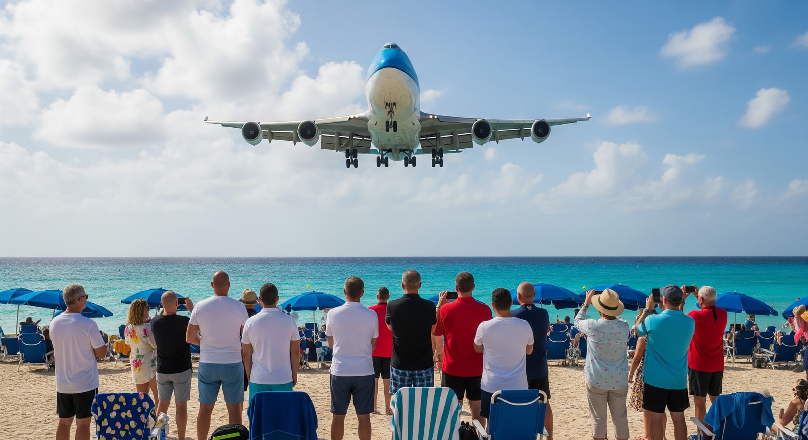 Tourists watching airplane land over Maho Beach Sint Maarten