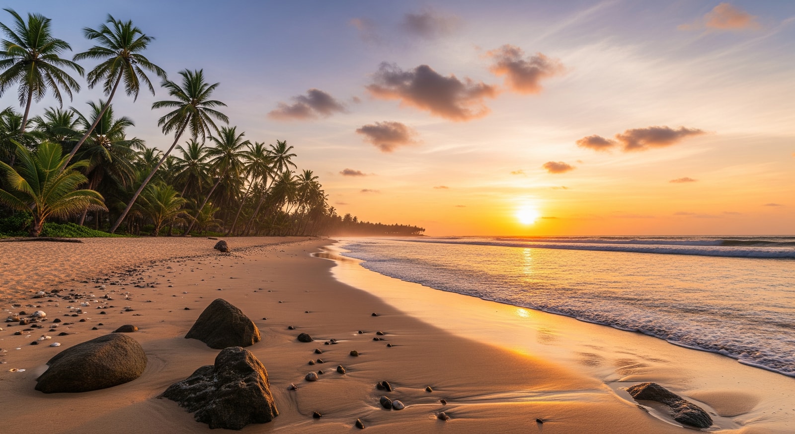 Palm-fringed tropical beach in southern Sri Lanka at sunset