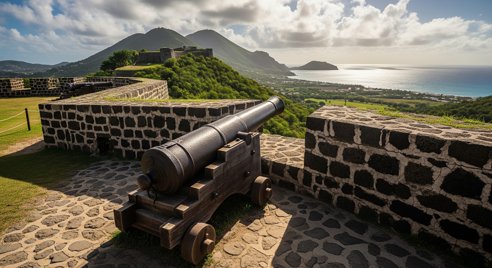 Brimstone Hill Fortress in St Kitts UNESCO World Heritage Site with cannon