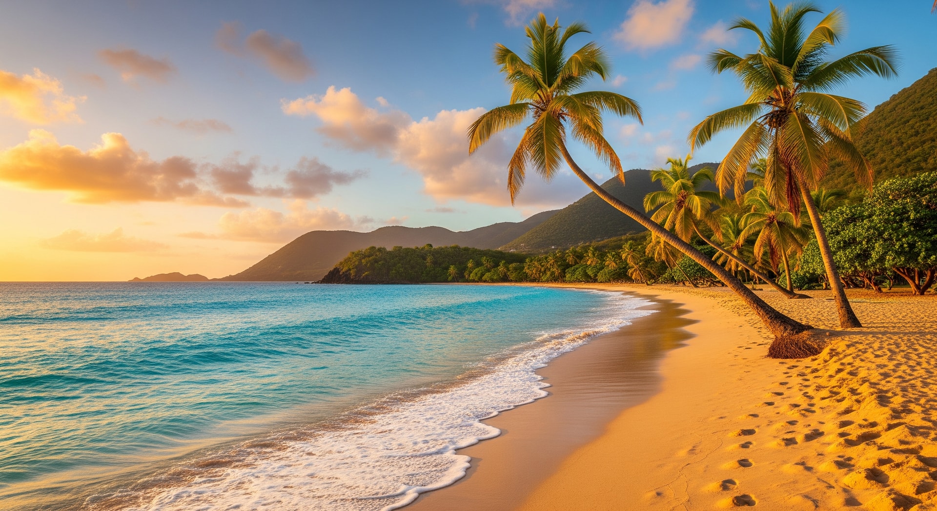 Beautiful tropical beach in St Kitts with palm trees and turquoise Caribbean water