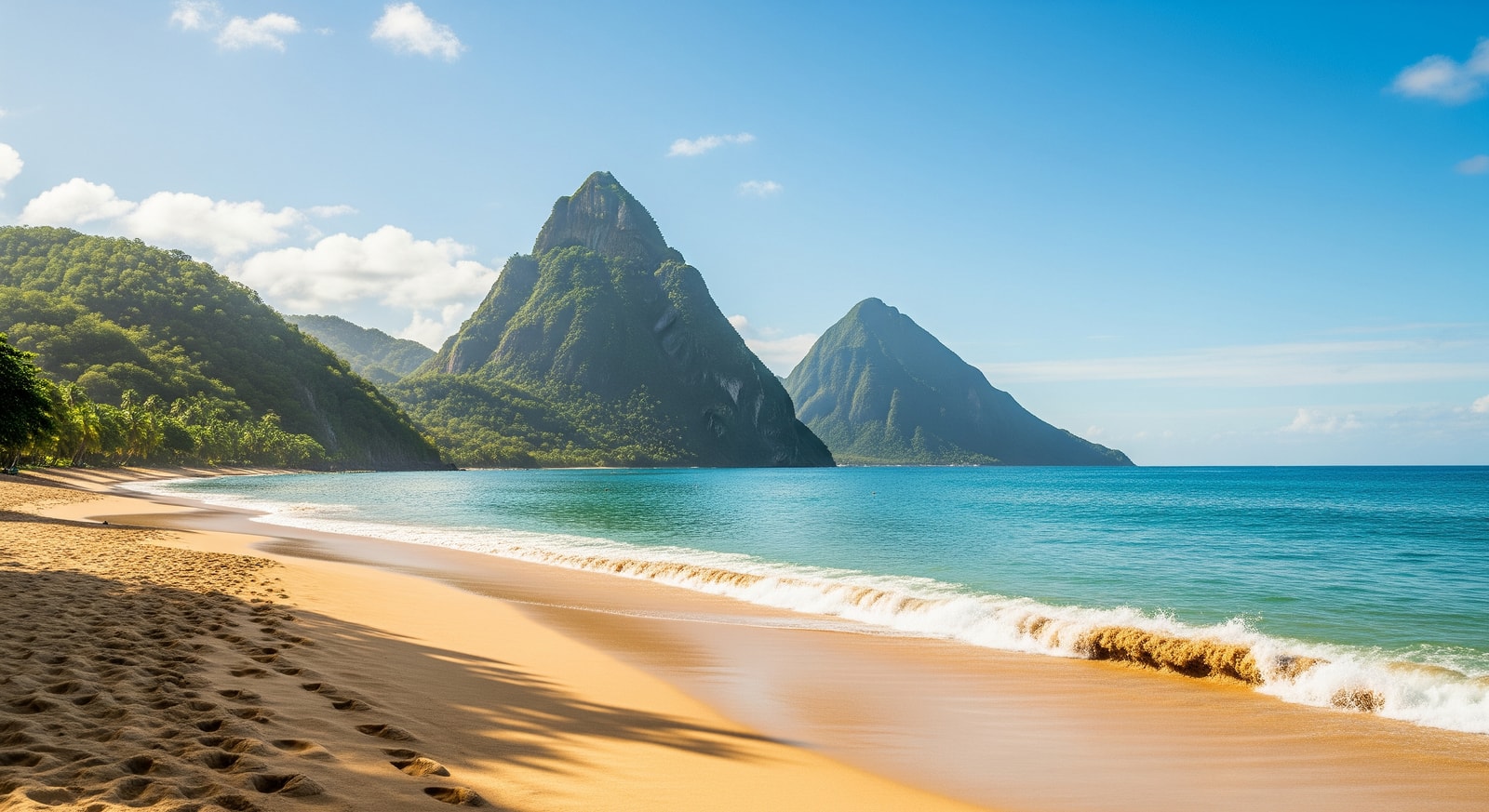 Beautiful Reduit Beach in St Lucia with golden sand and calm turquoise water