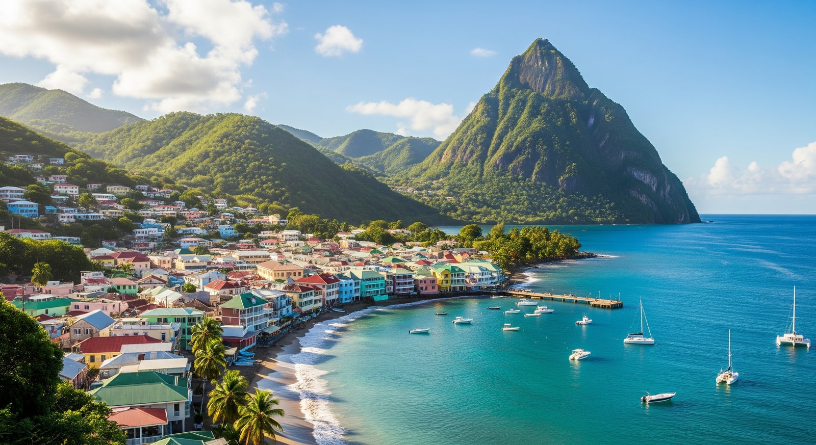 Colorful town of Soufriere St Lucia with Petit Piton mountain in background
