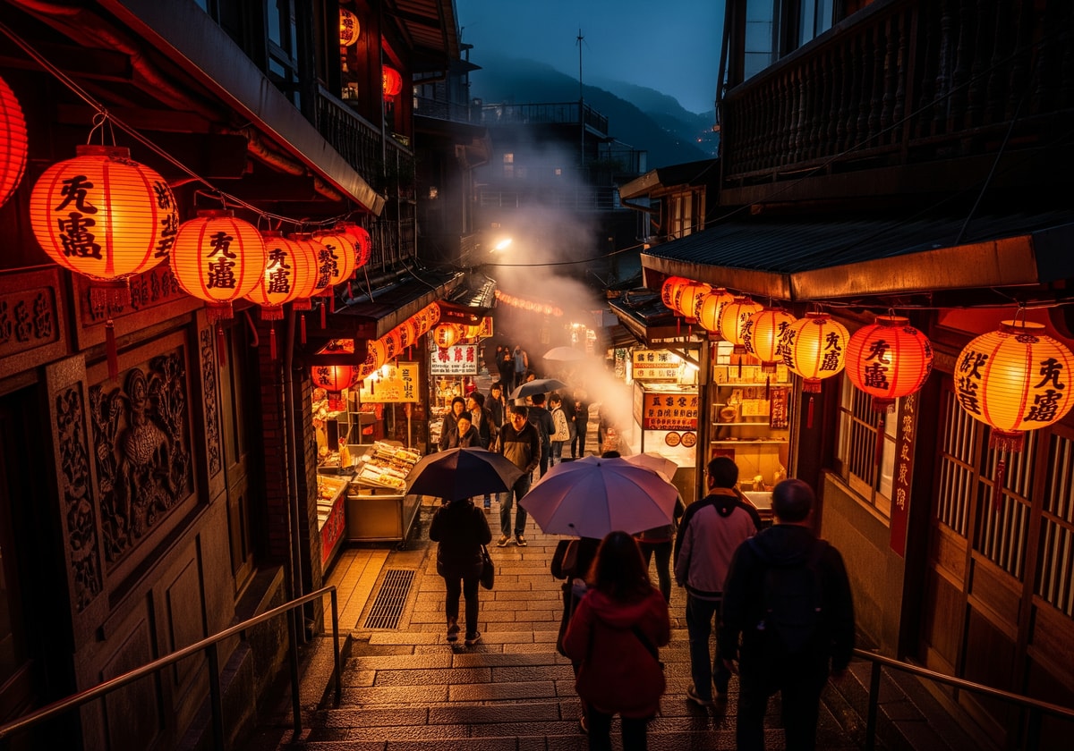 Lantern-lit narrow streets of Jiufen Old Street at night