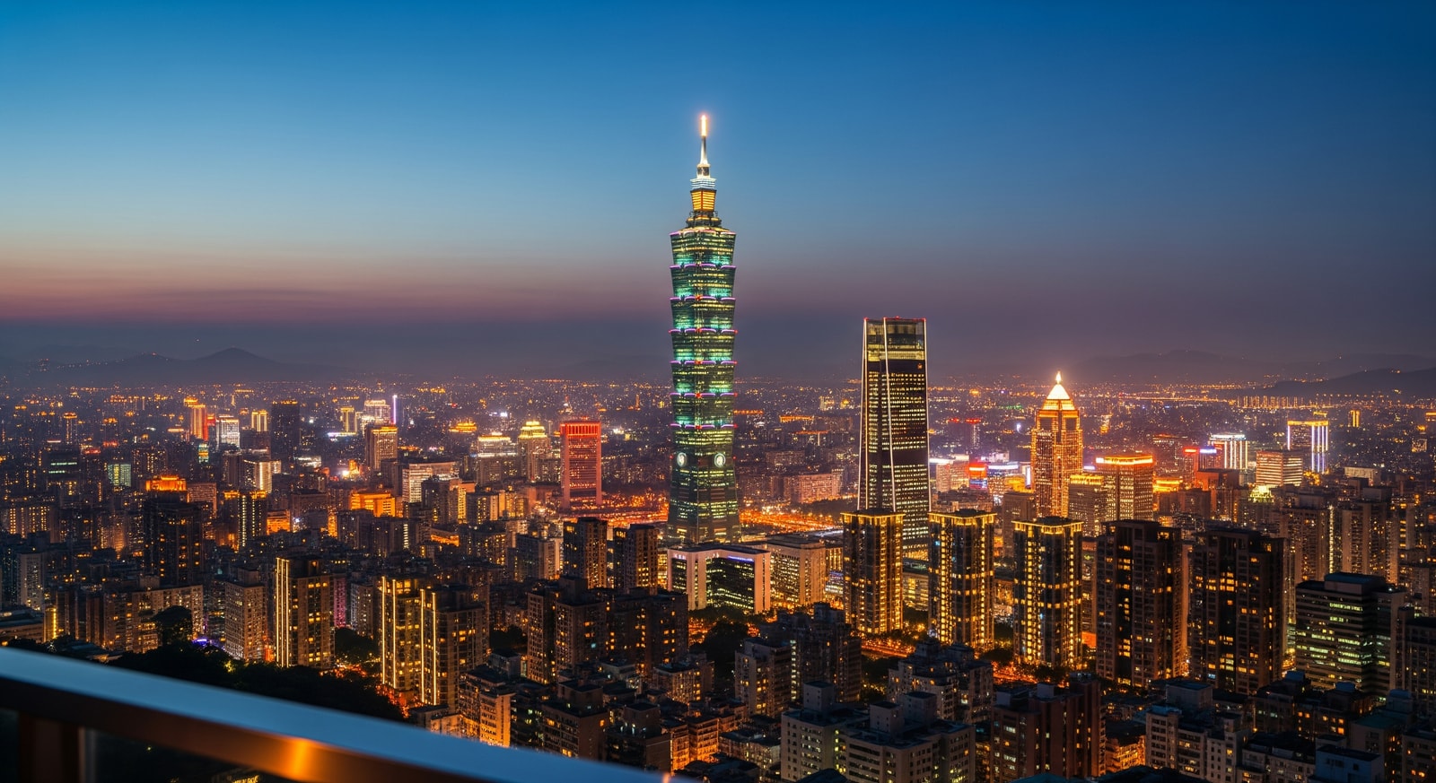 Night view of Taipei city with illuminated Taipei 101 and surrounding skyscrapers