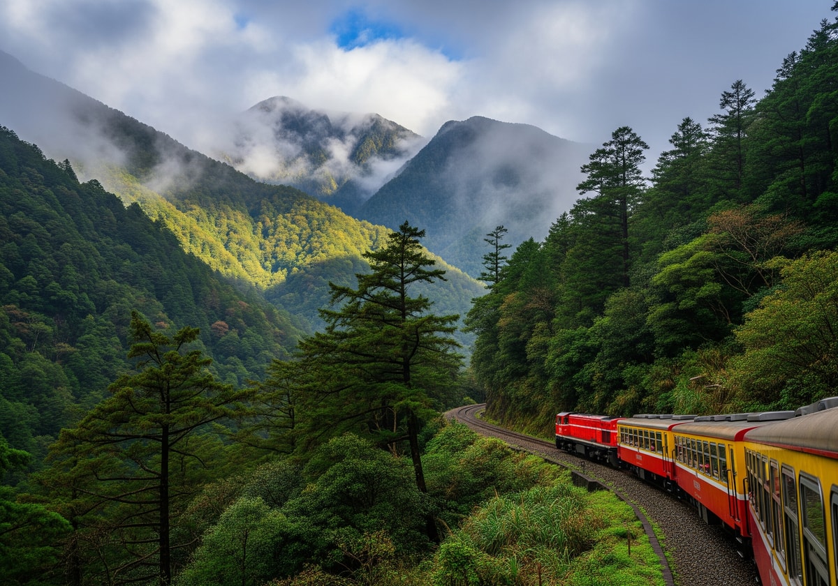 Alishan forest railway train passing through misty mountains