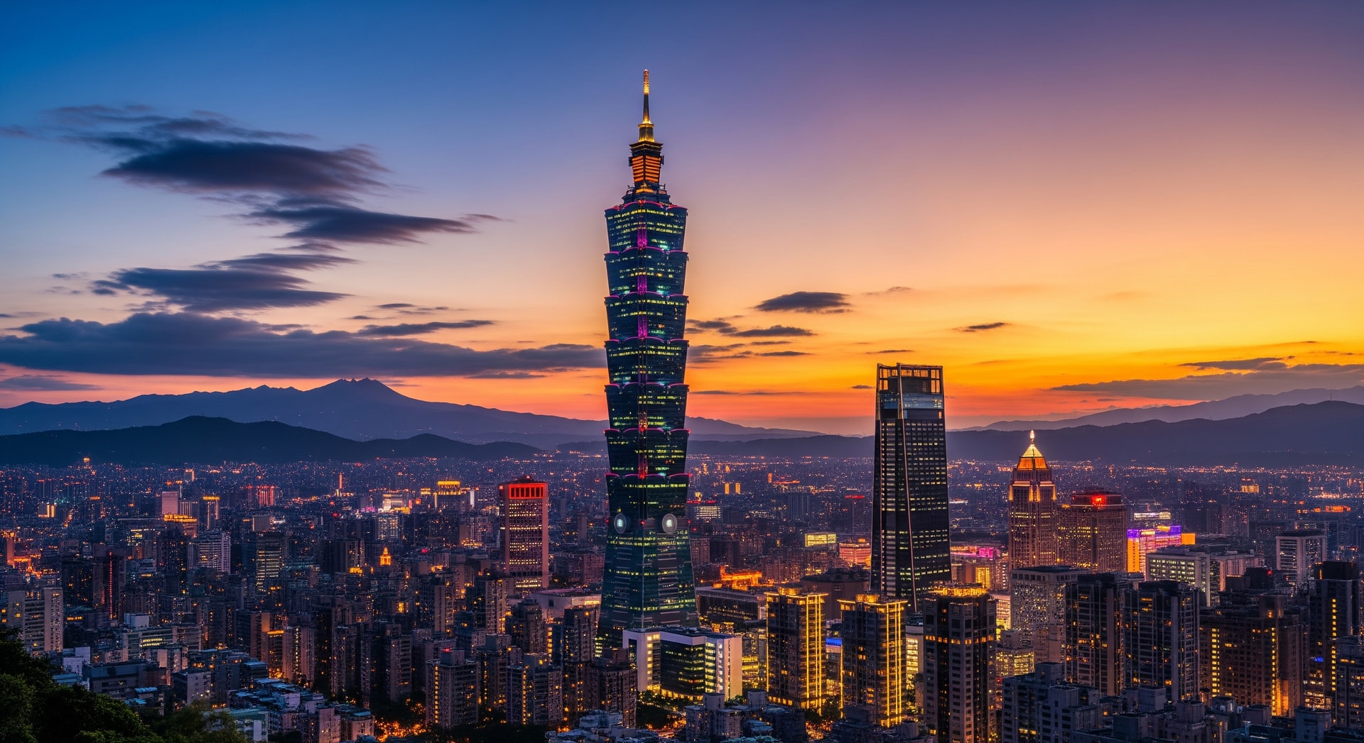 Taipei 101 skyscraper towering above the city with mountains in the background