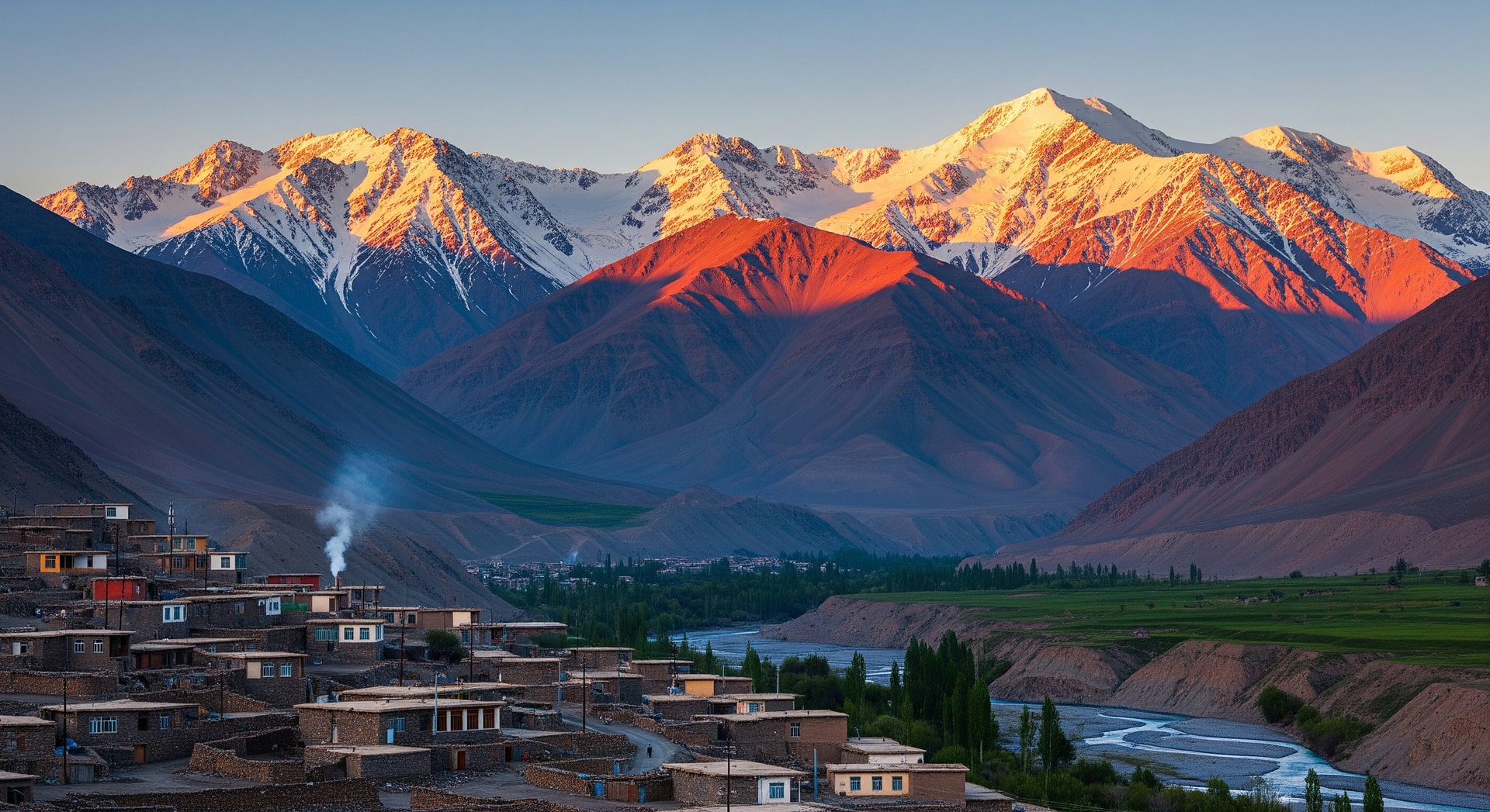 Dramatic Pamir Mountains landscape in Tajikistan with snow-capped peaks and traditional village