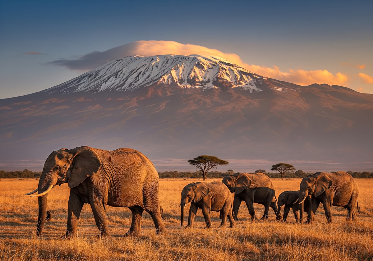 Snow-capped summit of Mount Kilimanjaro with elephants in foreground