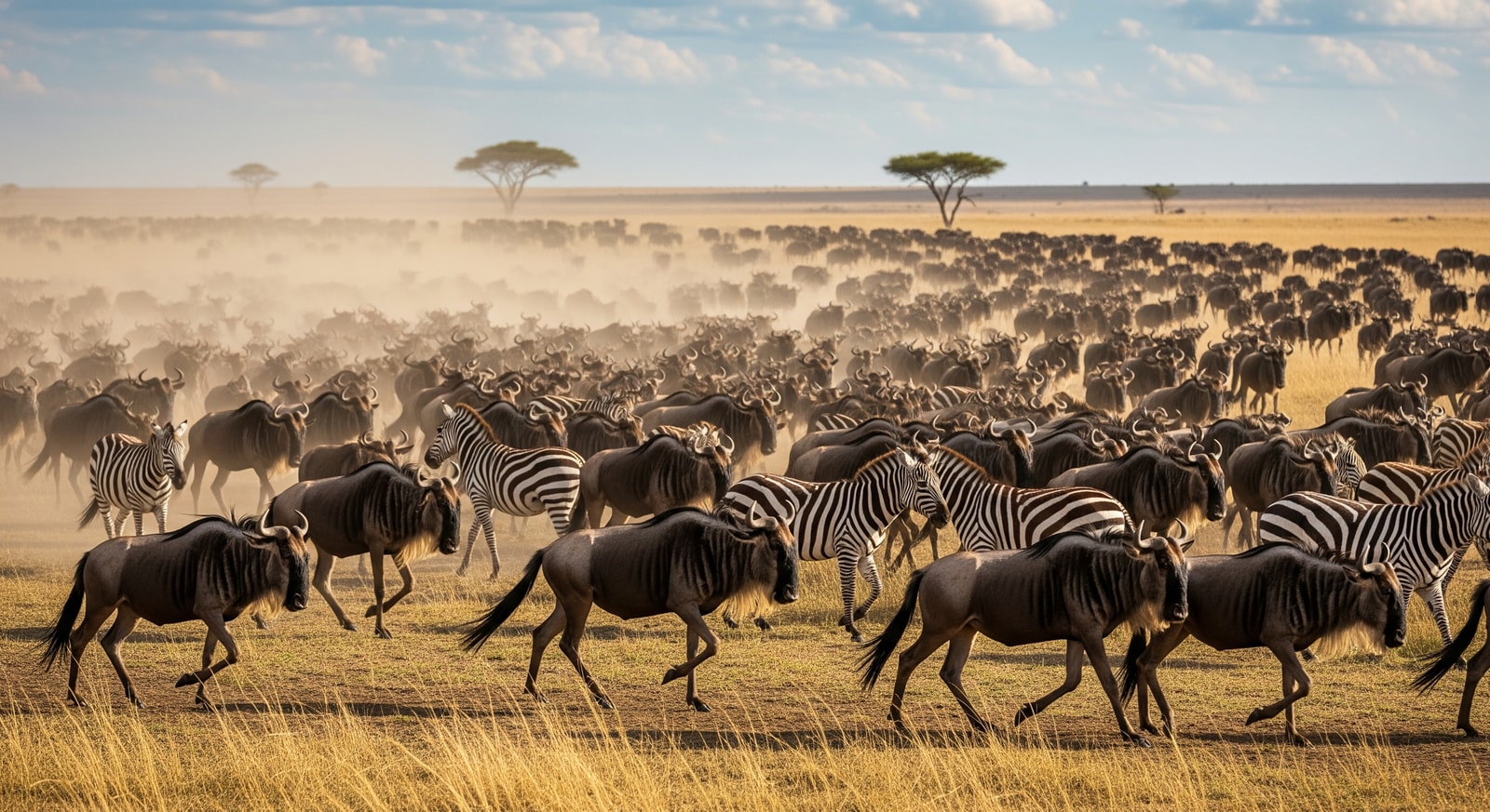 Massive herd of wildebeest and zebras during the Great Migration in Tanzania's Serengeti