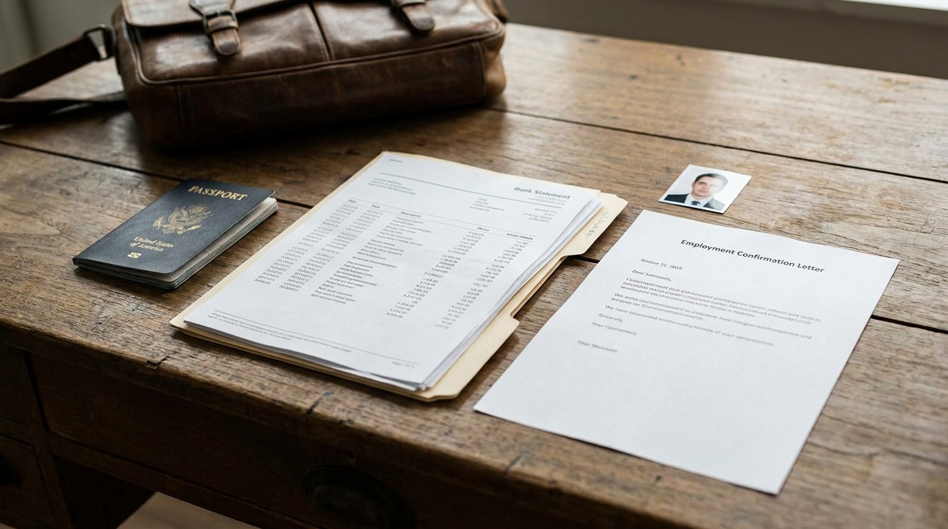 Thailand DTV application documents including passport, bank statements, letter, and photo on a desk