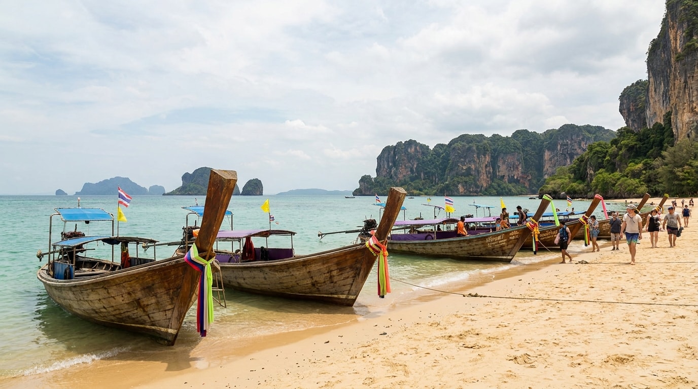 Long-tail boats on a Phuket beach with clear water and rocky headlands