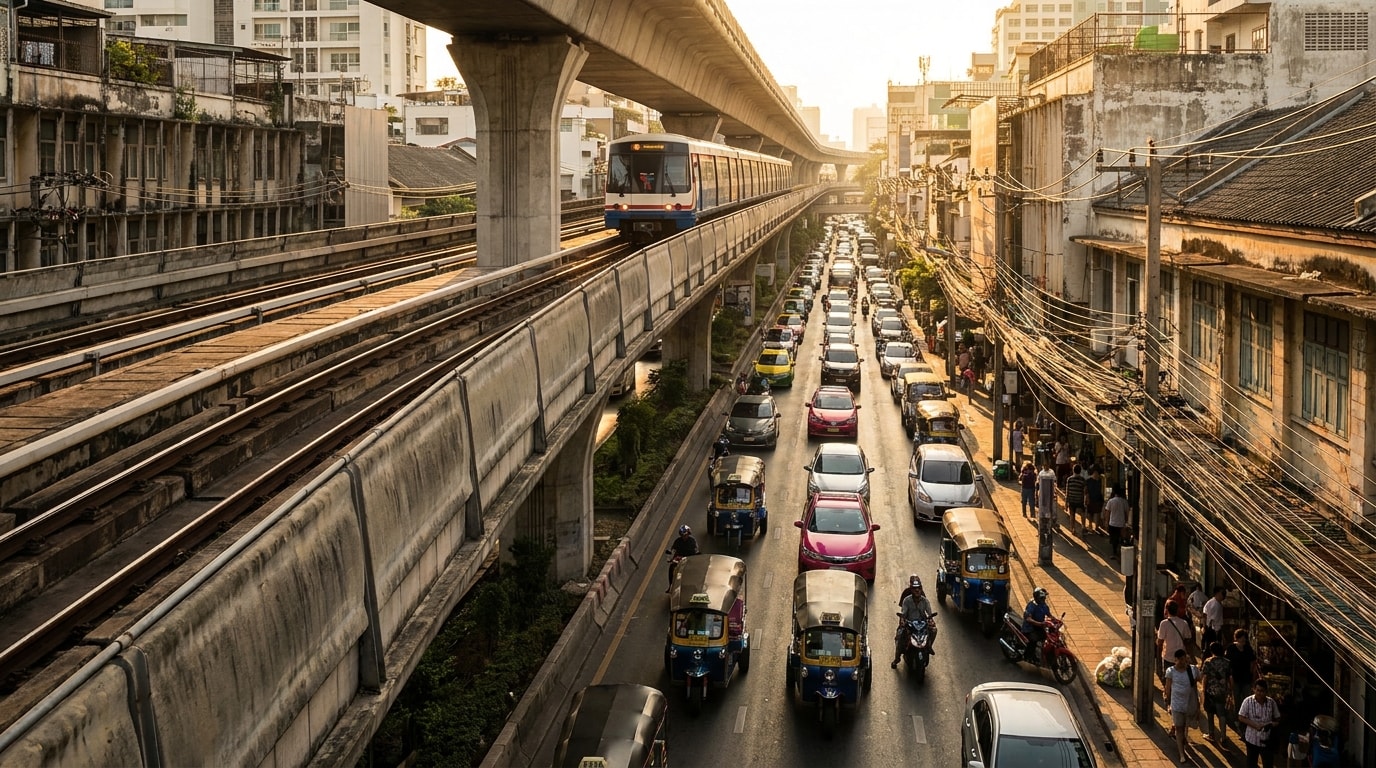 Bangkok Skytrain tracks above a busy urban street