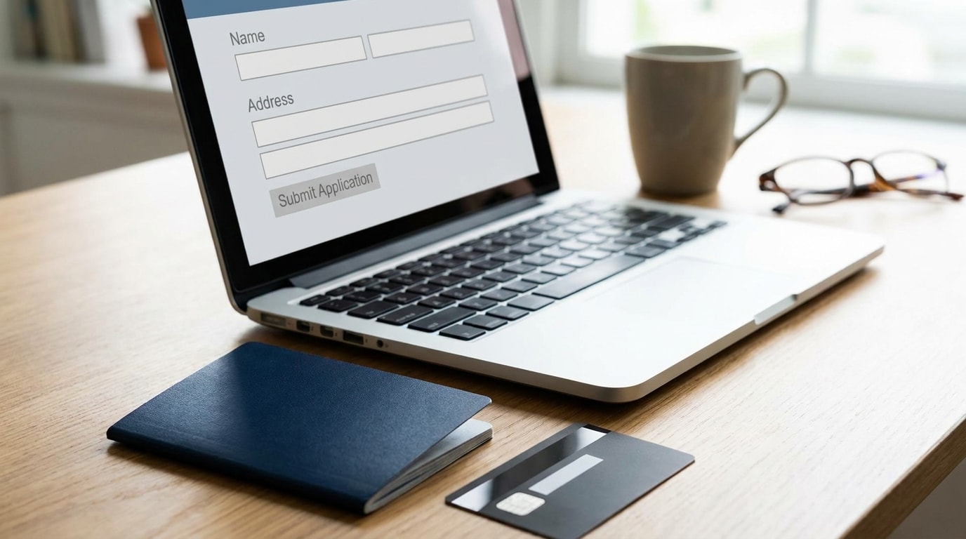 Online visa application being prepared on a laptop with a passport and payment card nearby