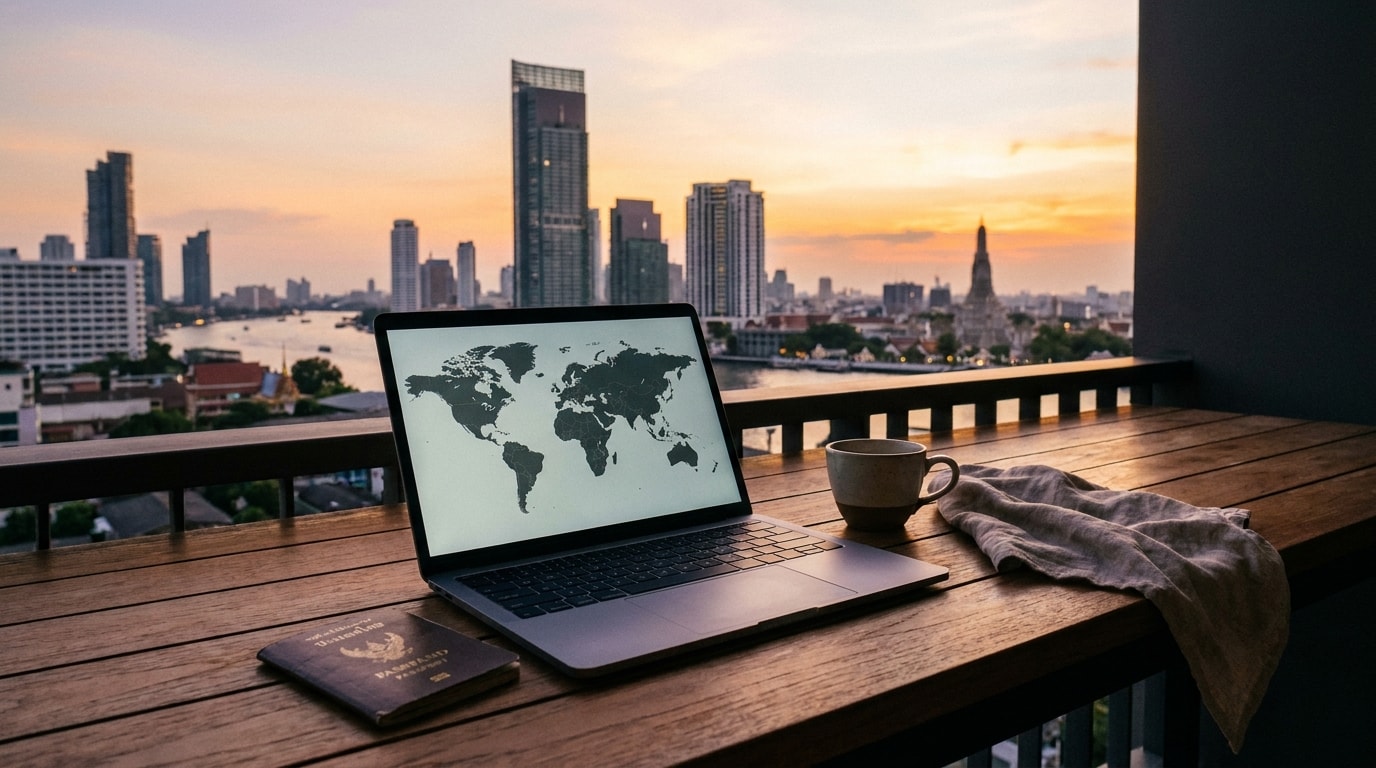 Laptop and passport on a balcony table with Bangkok skyline in the background