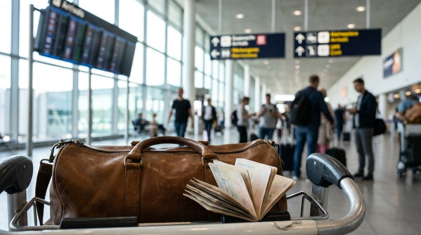 Traveler luggage and passport in a Thailand airport arrivals hall
