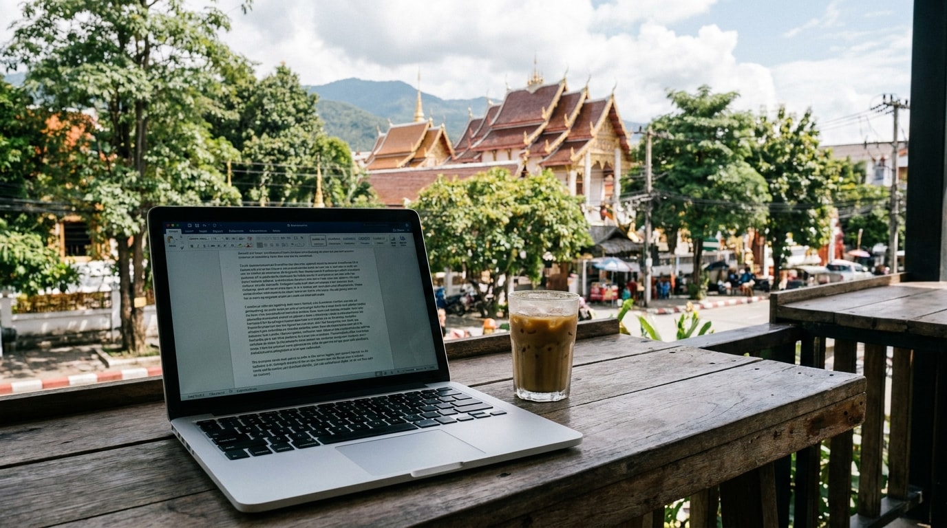 Laptop and iced coffee at a Chiang Mai café with temple roofs in the background