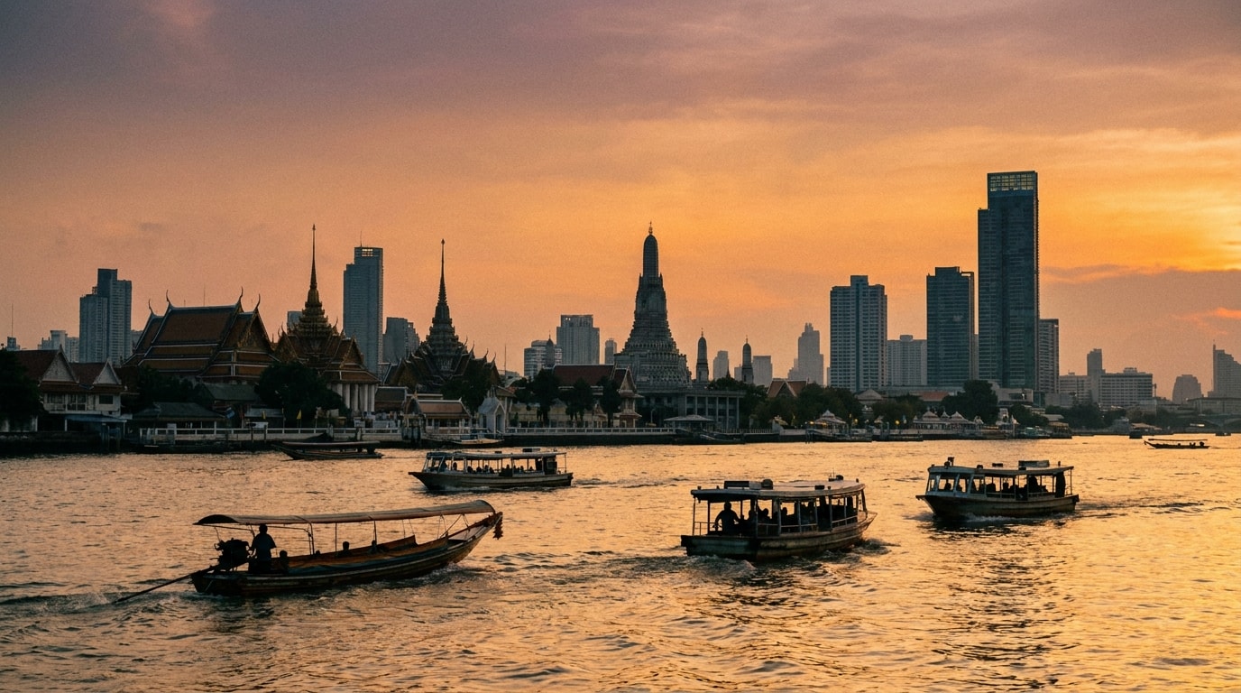 Bangkok skyline at sunset over the Chao Phraya River