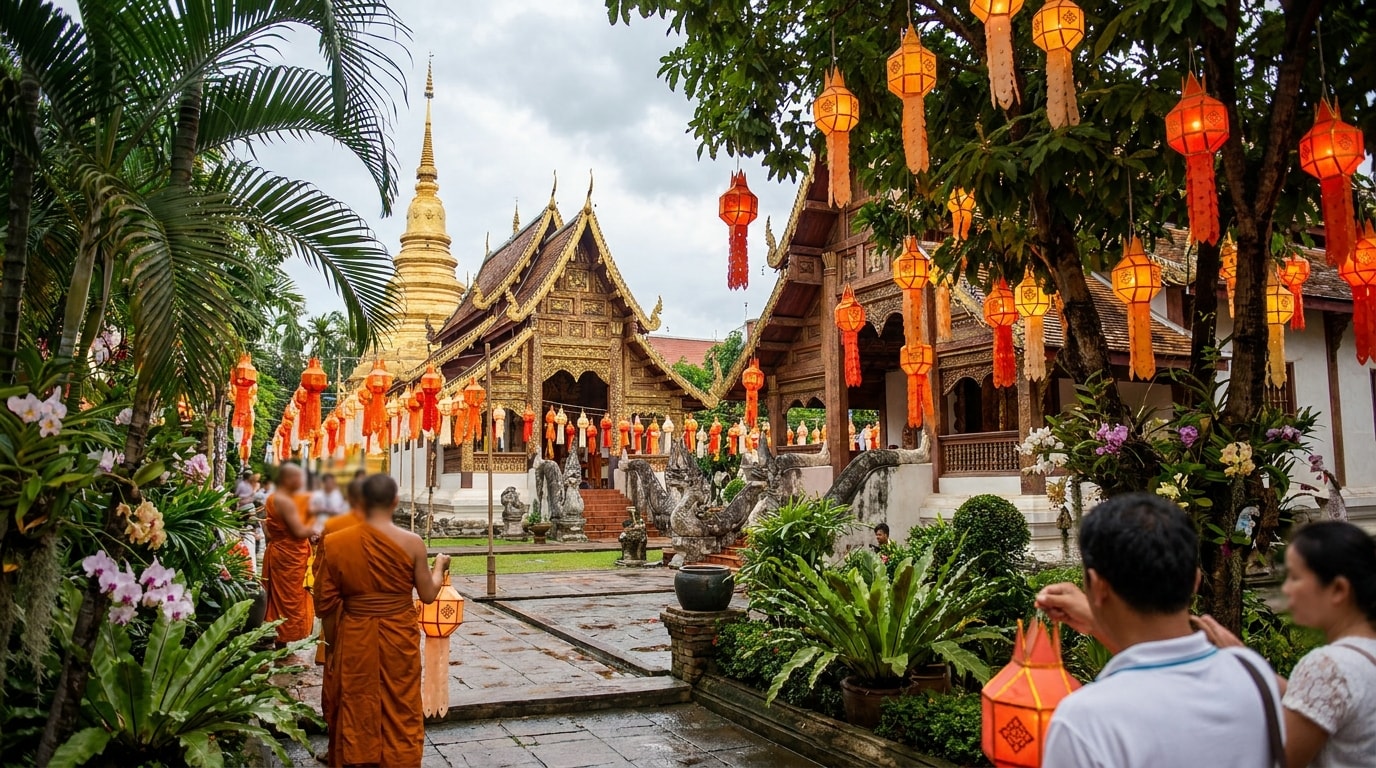 Golden temple details and lanterns in Chiang Mai
