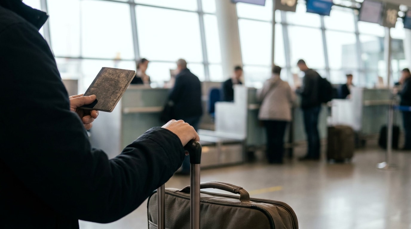 Traveller preparing documents at an airport check-in area before flying to Thailand