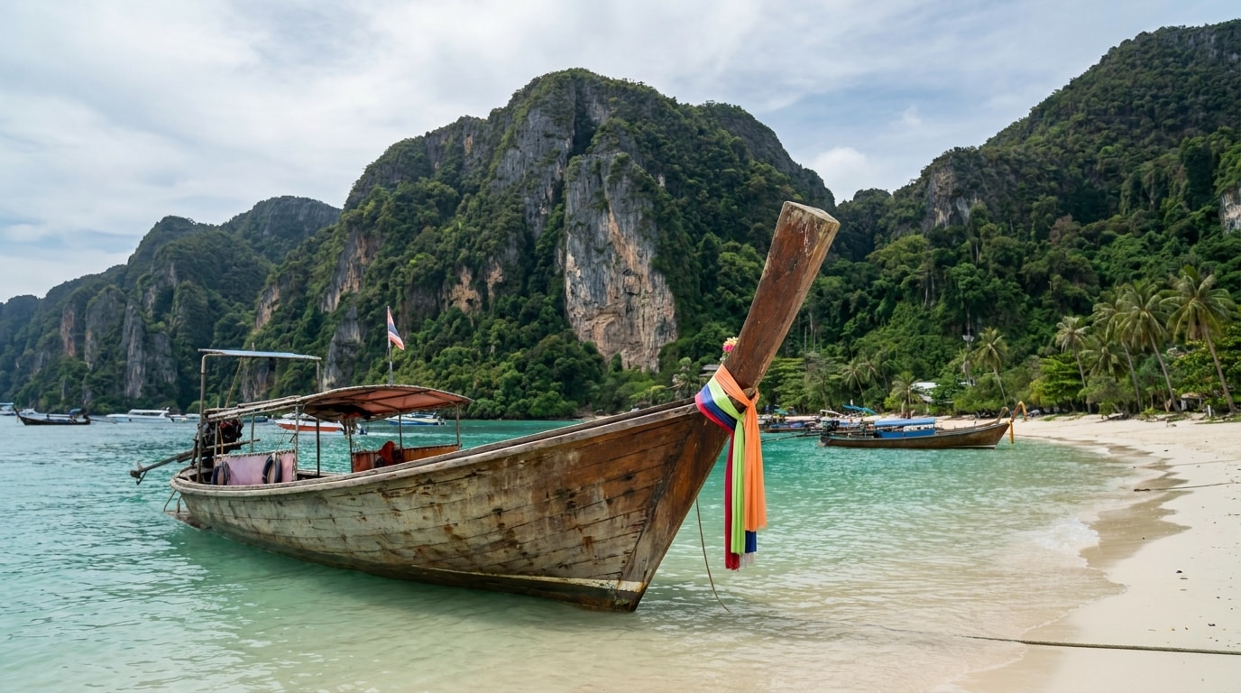 Long-tail boat on a Phuket beach with limestone cliffs