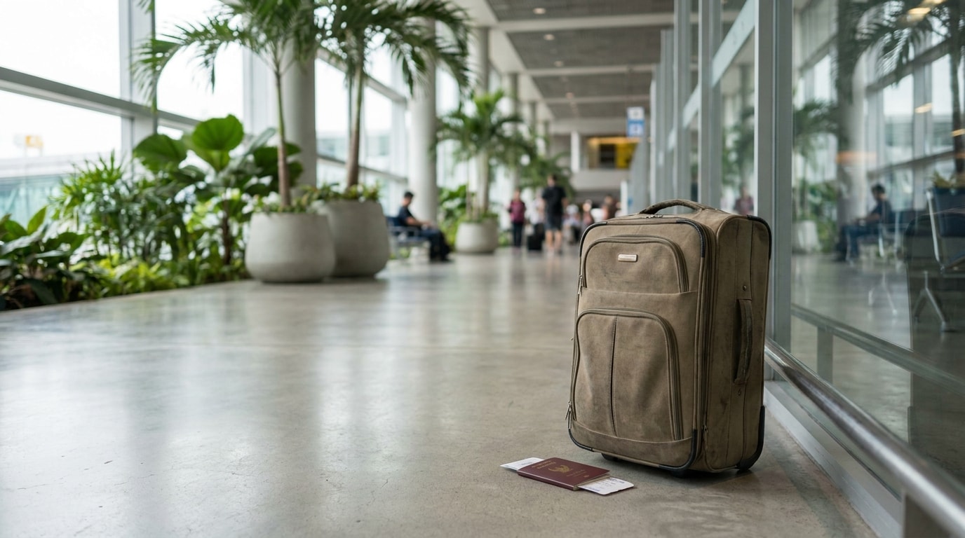 Suitcase and passport near an arrivals area at a Thai airport