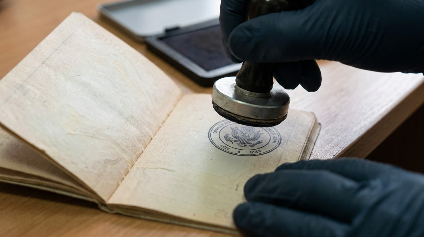 Immigration stamp being placed in a passport