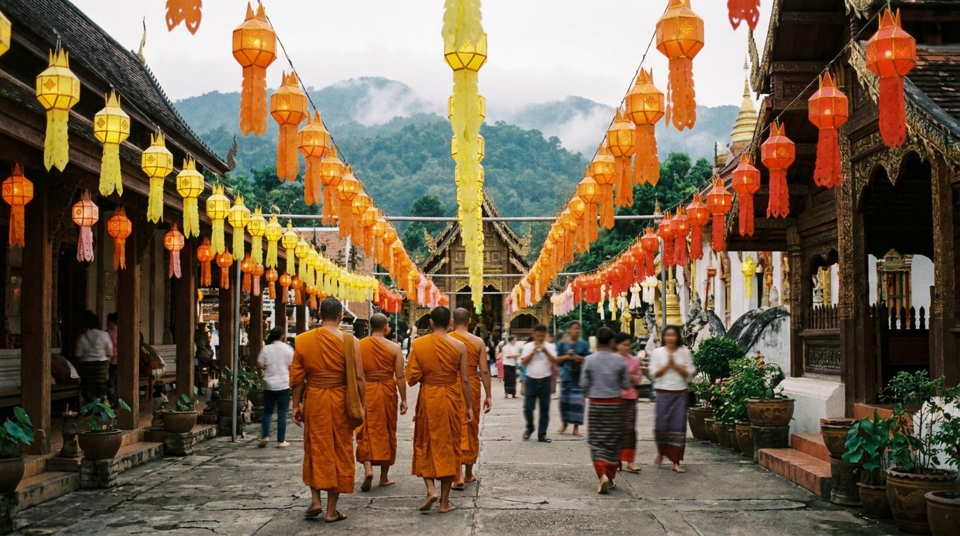 Chiang Mai temple courtyard with mountains in the background
