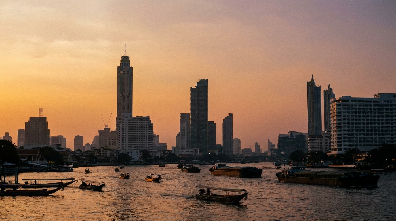 Bangkok skyline and Chao Phraya River at sunset