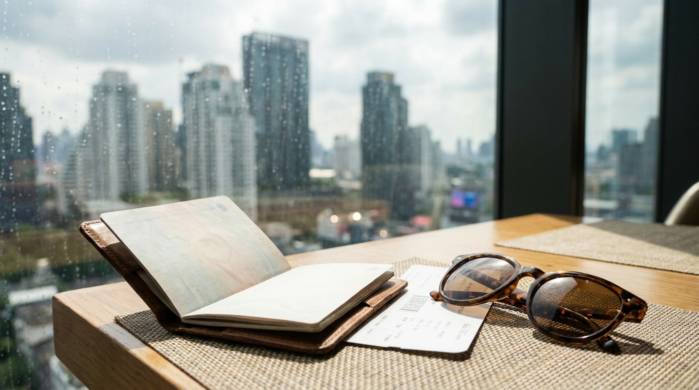 Passport and travel documents on a table with Bangkok skyline in the background
