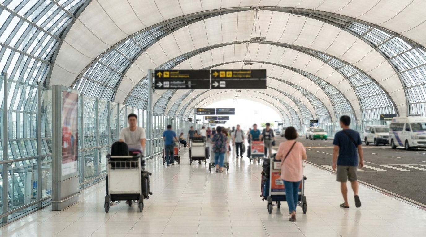 Airport arrivals walkway in Thailand with luggage carts