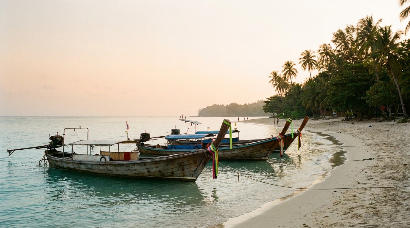 Long-tail boats on a quiet Phuket beach at sunrise