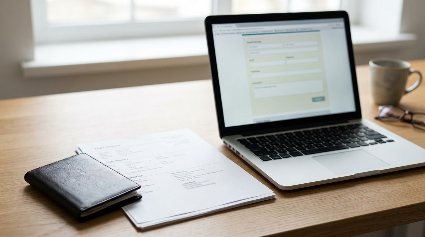 Thailand travel documents and laptop application form on a desk
