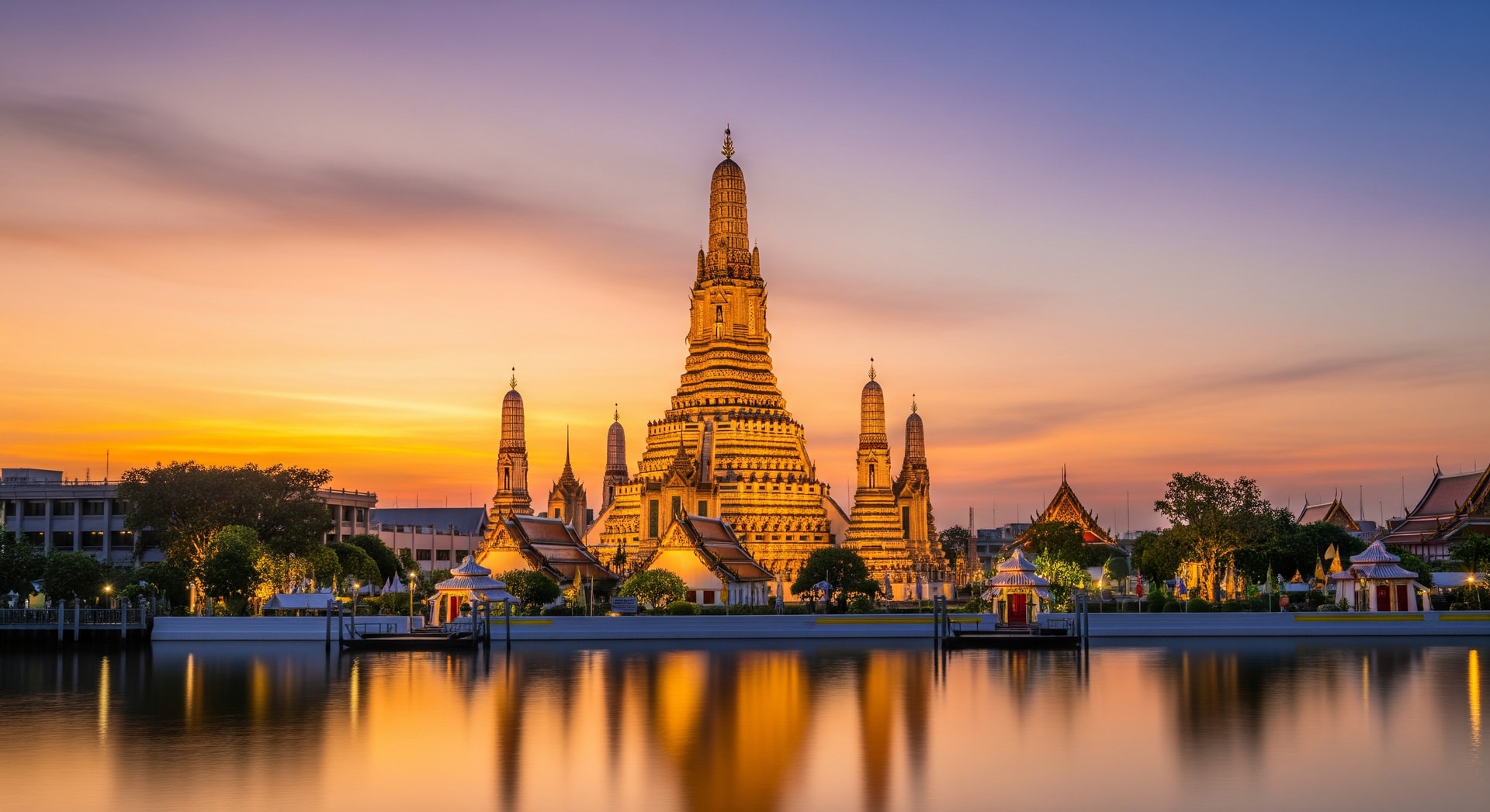 Beautiful Thai temple at sunset with golden spires reflecting in water