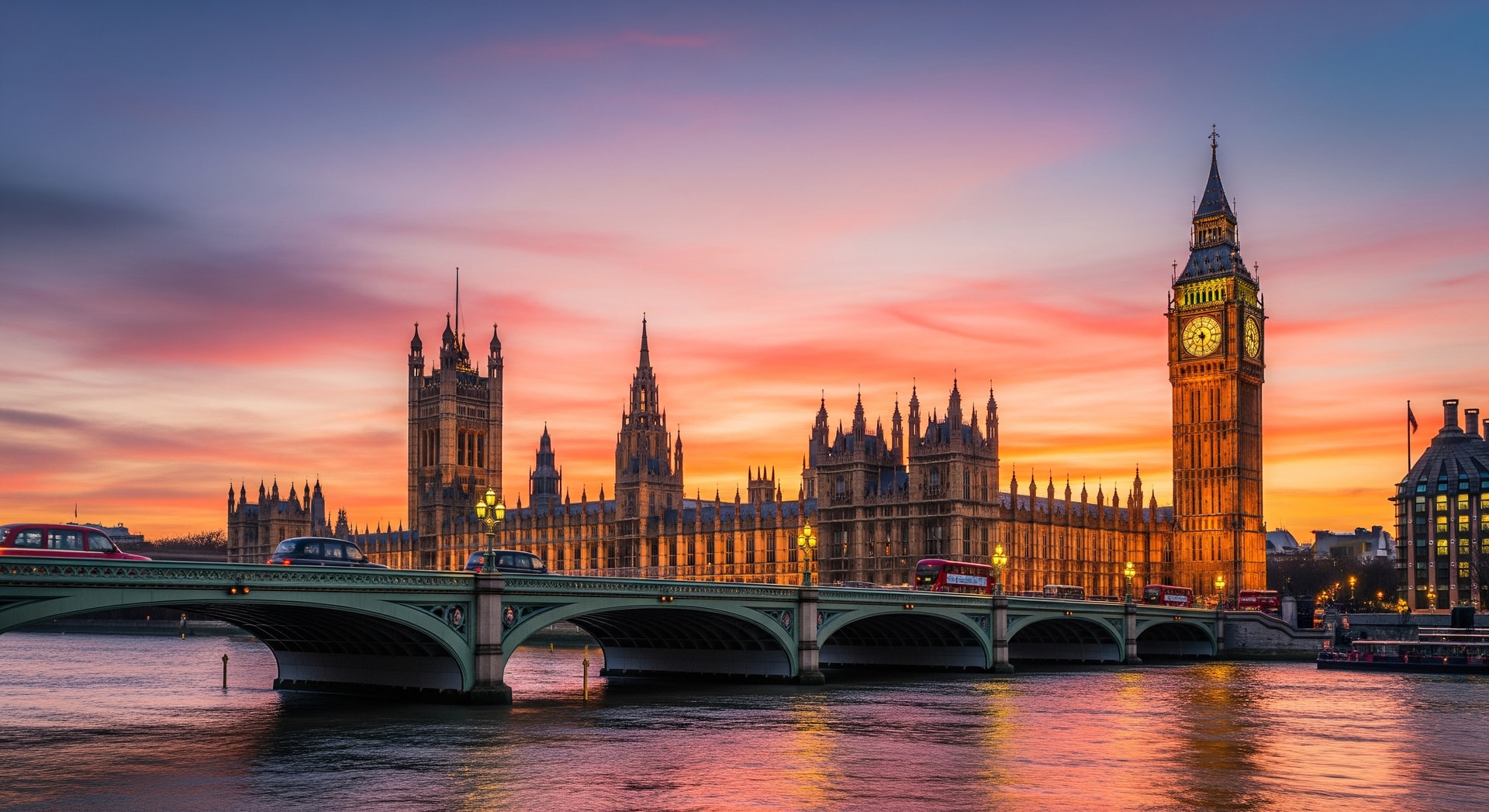 Big Ben and Houses of Parliament at sunset in London
