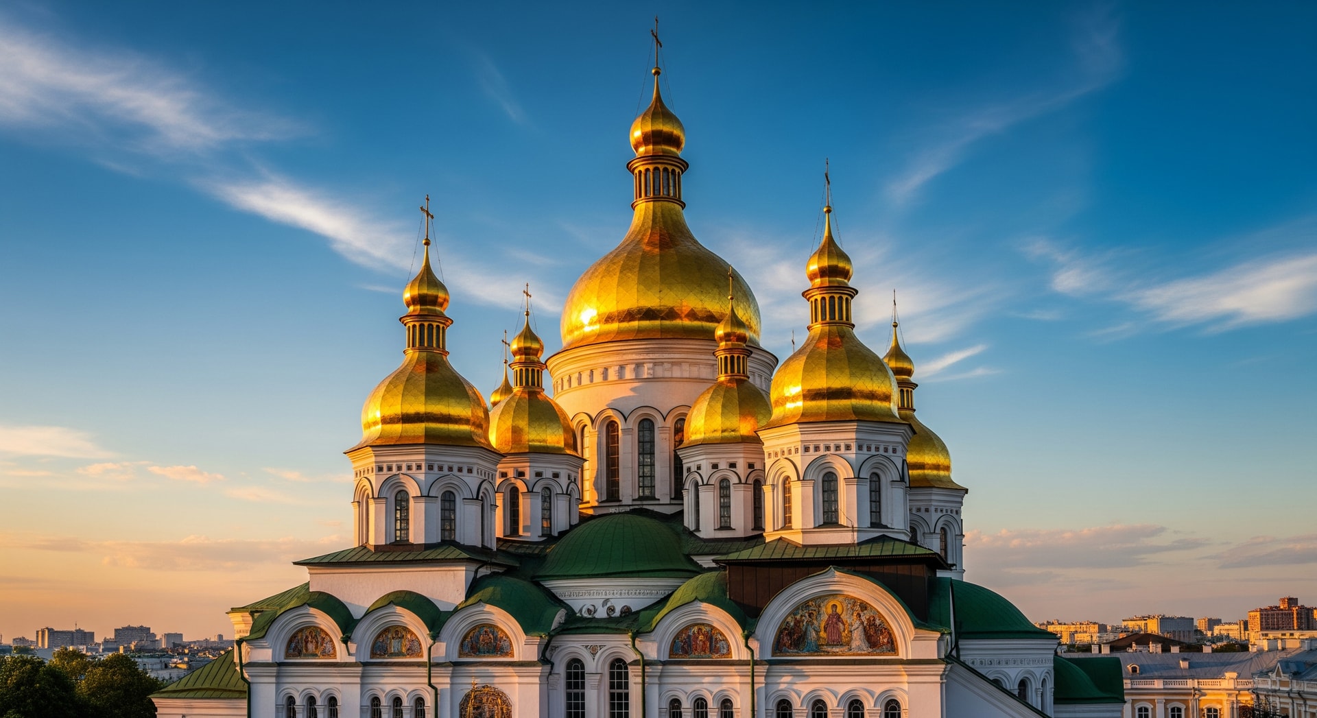 Golden domes of Saint Sophia Cathedral in Kyiv against blue sky