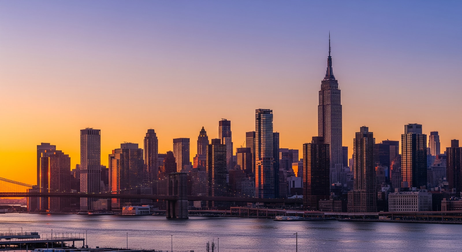 New York City skyline with Empire State Building at sunset