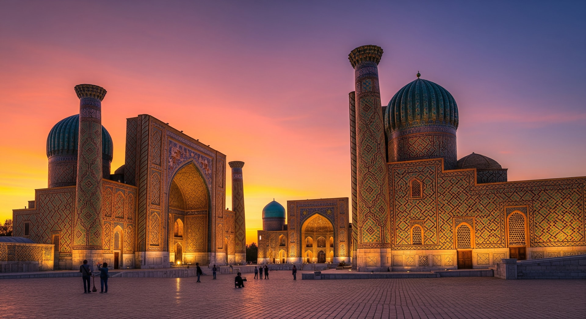 Registan Square in Samarkand with three magnificent madrasas at sunset