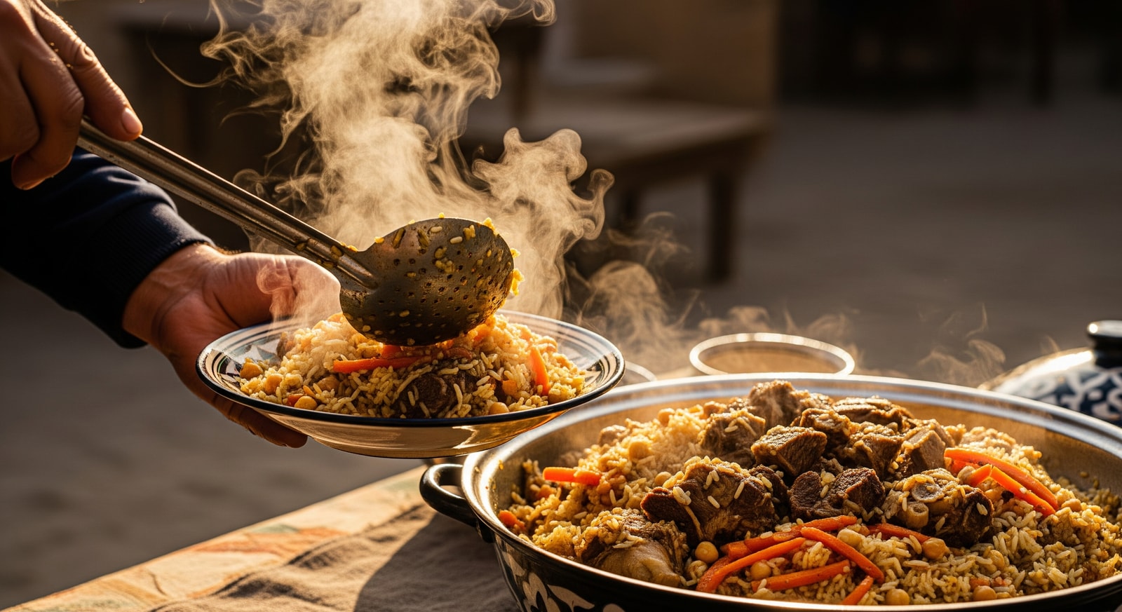 Traditional Uzbek plov being served from a large pot