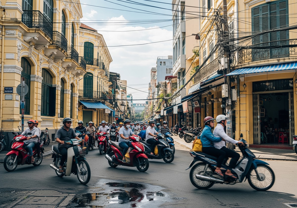 Bustling street scene in Ho Chi Minh City with motorbikes and colonial buildings