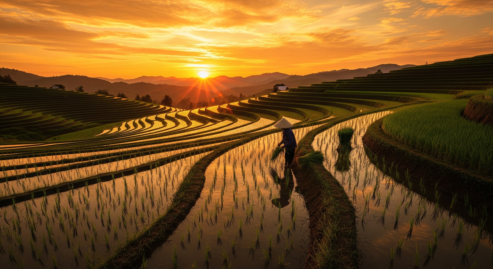 Golden sunset over rice paddies in Vietnam with a farmer in traditional conical hat